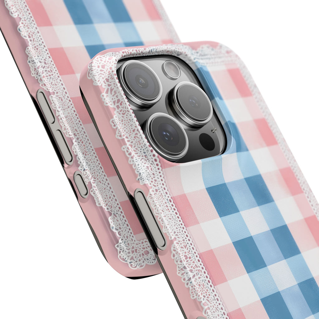 Slim Phone Cases with Blue Gingham and Lace Seamless Pattern, Classic Inspired Design, Pastel Hues, Denim Blue