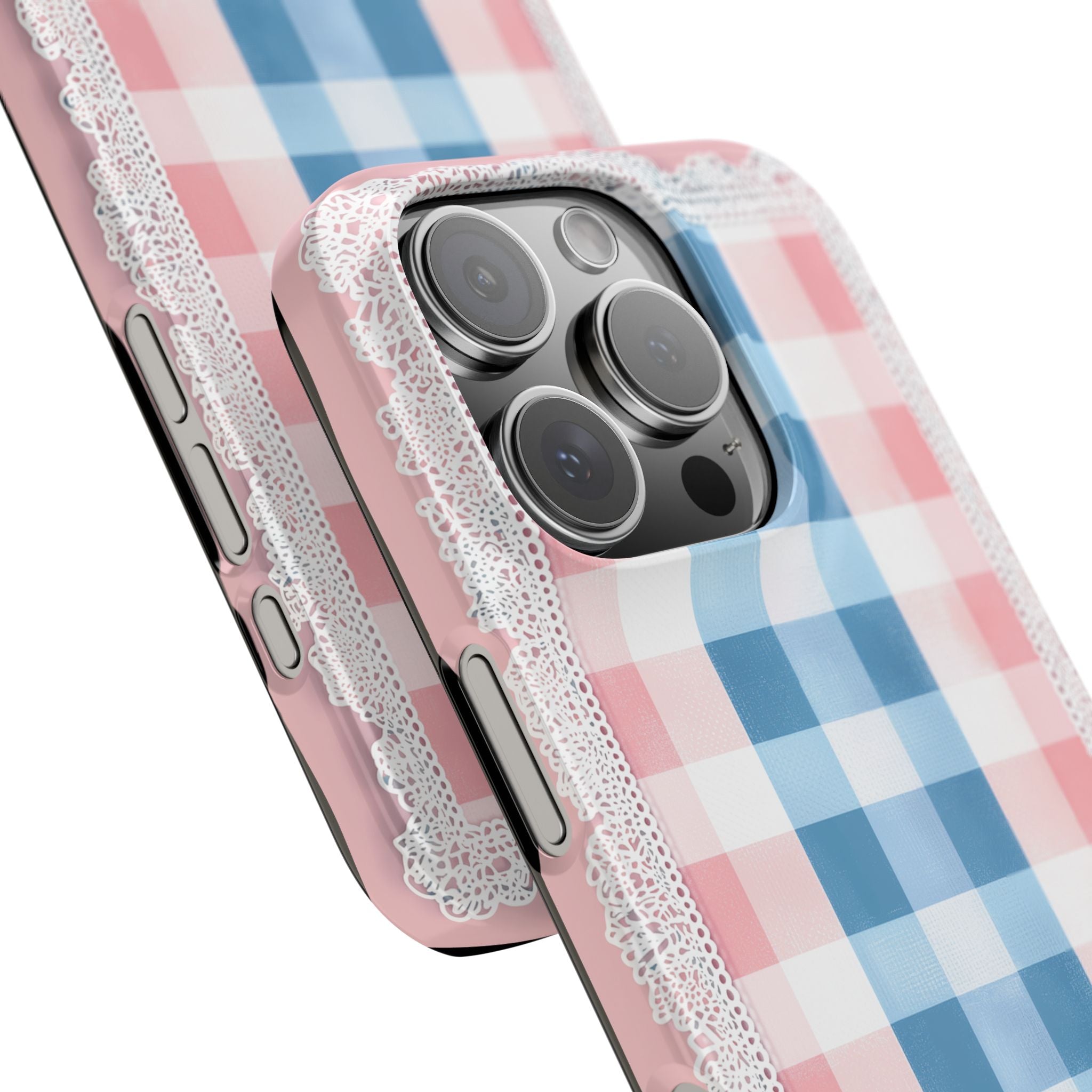 Slim Phone Cases with Blue Gingham and Lace Seamless Pattern, Classic Inspired Design, Pastel Hues, Denim Blue