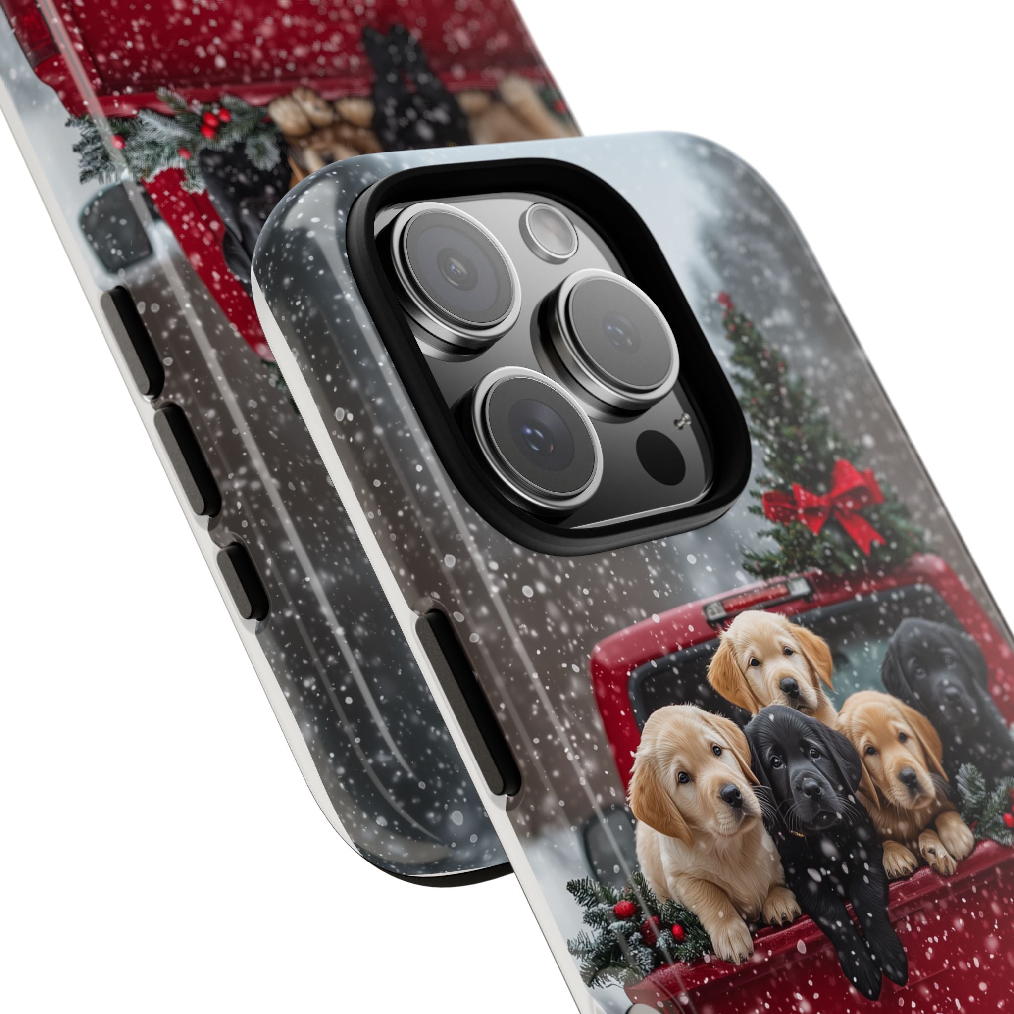 Cute Puppies on a Red Christmas Truck, Winter Time, Tough Phone Case, iPhone 16 and Samsung