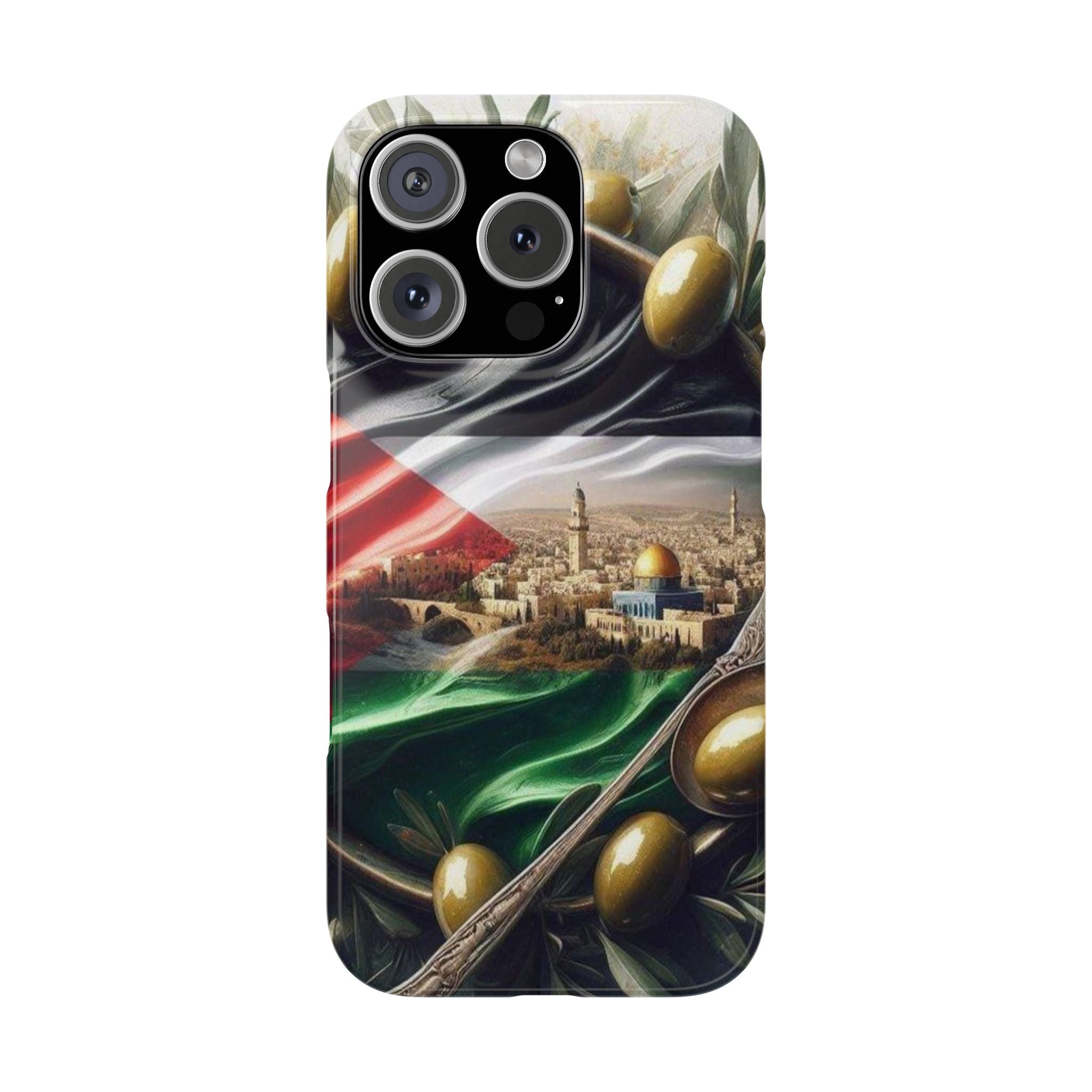 Slim Phone Case with Palestine Flag, Olive Branches, Jerusalem Cityscape - Palestinian Flag Design, Unique Phone Cover, Protective Phone