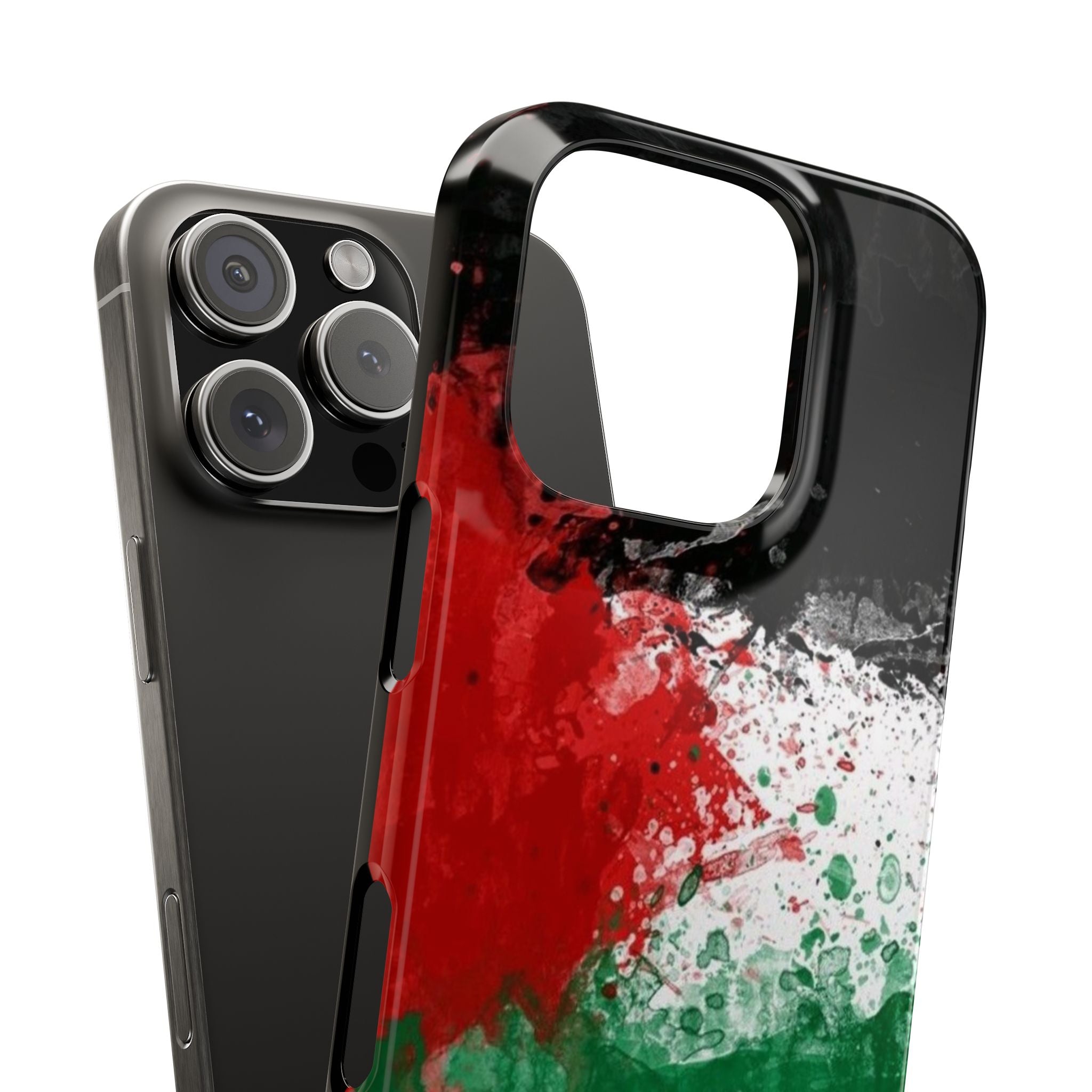 Phone Case, Palestine Flag Splatter Paint Design, Black Background, Red White Green Color Scheme, Gift for Palestinian, Customizable Cover,