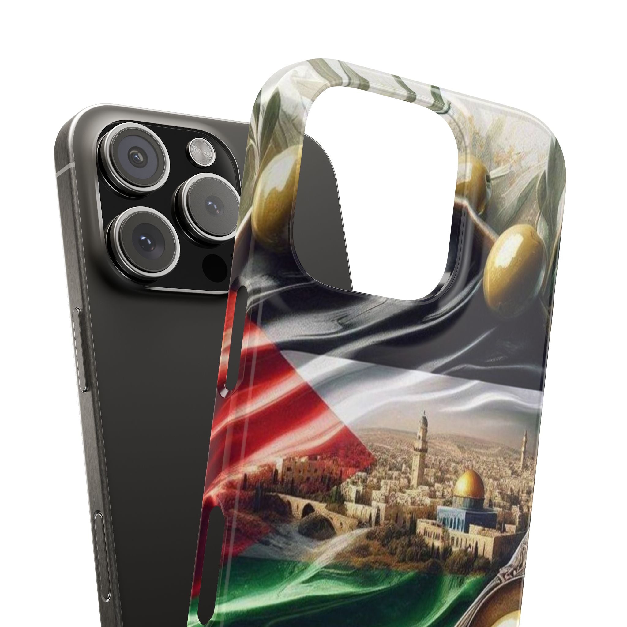 Slim Phone Case with Palestine Flag, Olive Branches, Jerusalem Cityscape - Palestinian Flag Design, Unique Phone Cover, Protective Phone