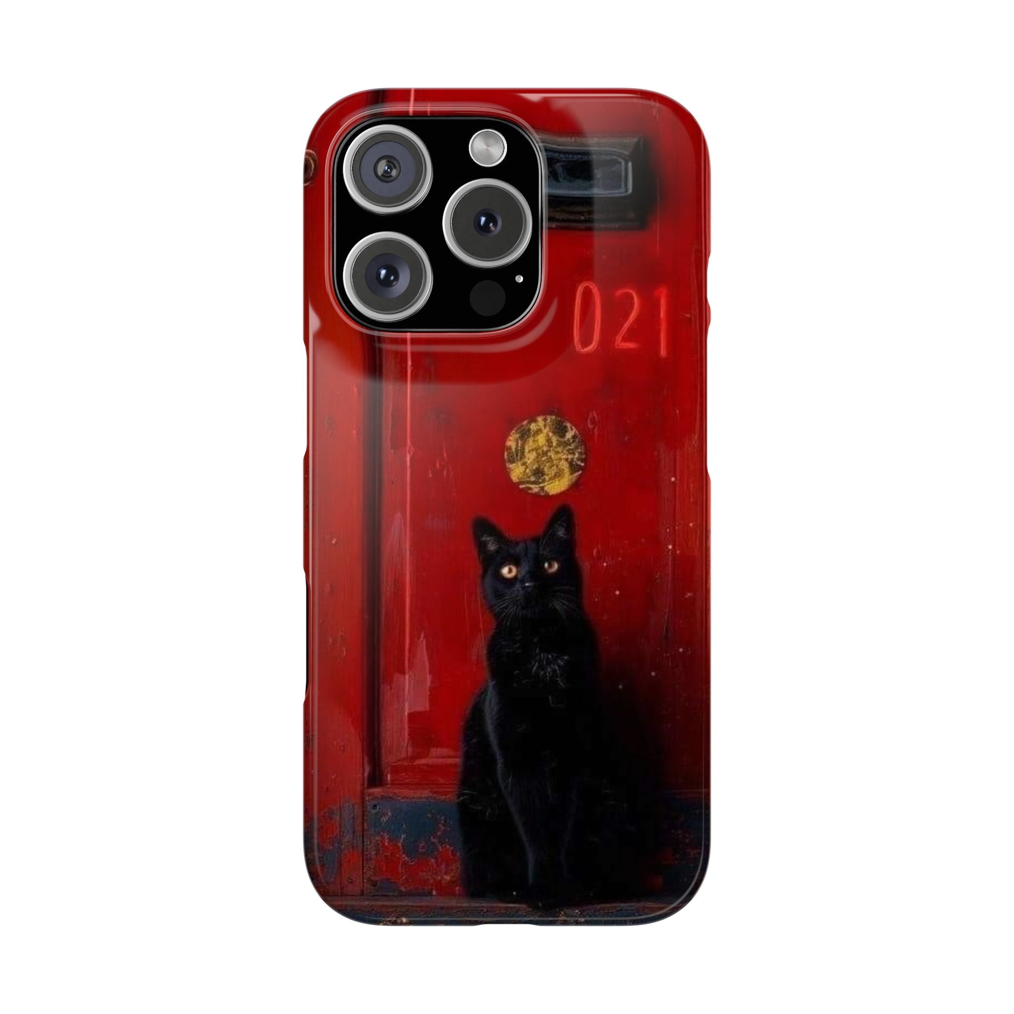 Cat Slim Phone Case, Red Door Number 02 Gold Knocker Design, Protective Phone Cover, Cat Lover Gift, Kitty iPhone Case, Unique Feline
