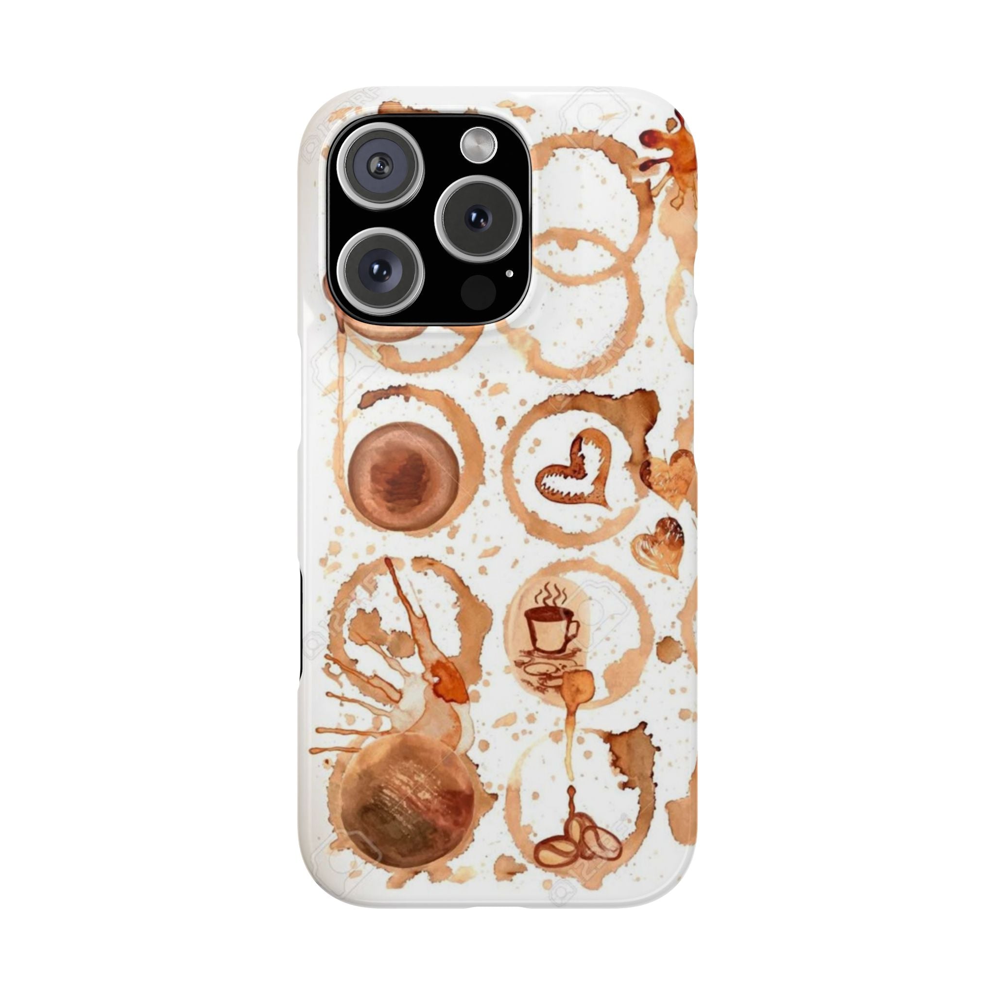 Coffee Stain Slim Phone Cases, Brown Stain Patterns, Circles, Hearts, Artistic Design, Lines, Splashes, White Background, Unique Phone Case,