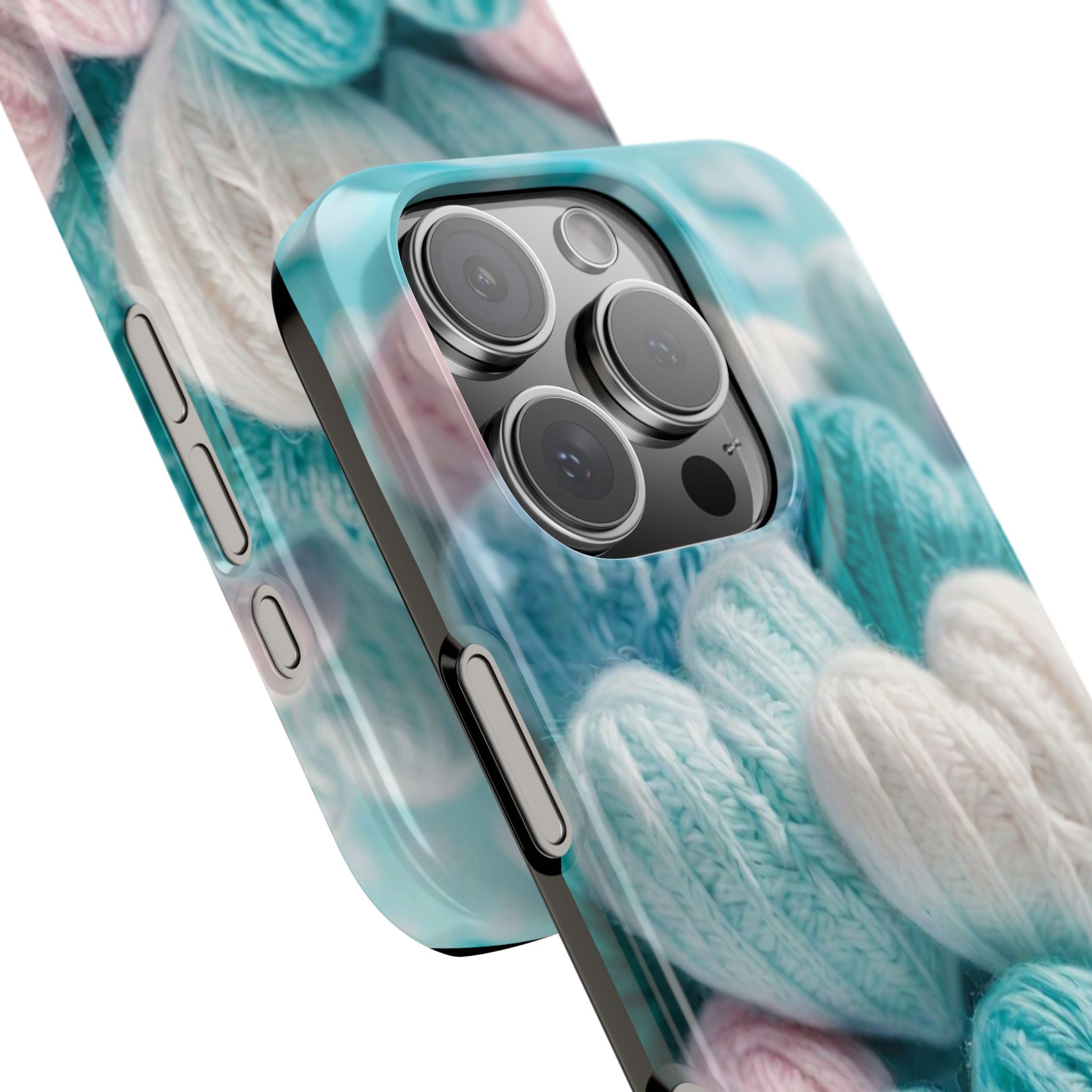 Pastel Knitted Hearts Slim Phone Case, Soft Blue Background with Pink and Turquoise Accents, Cozy and Cute Design