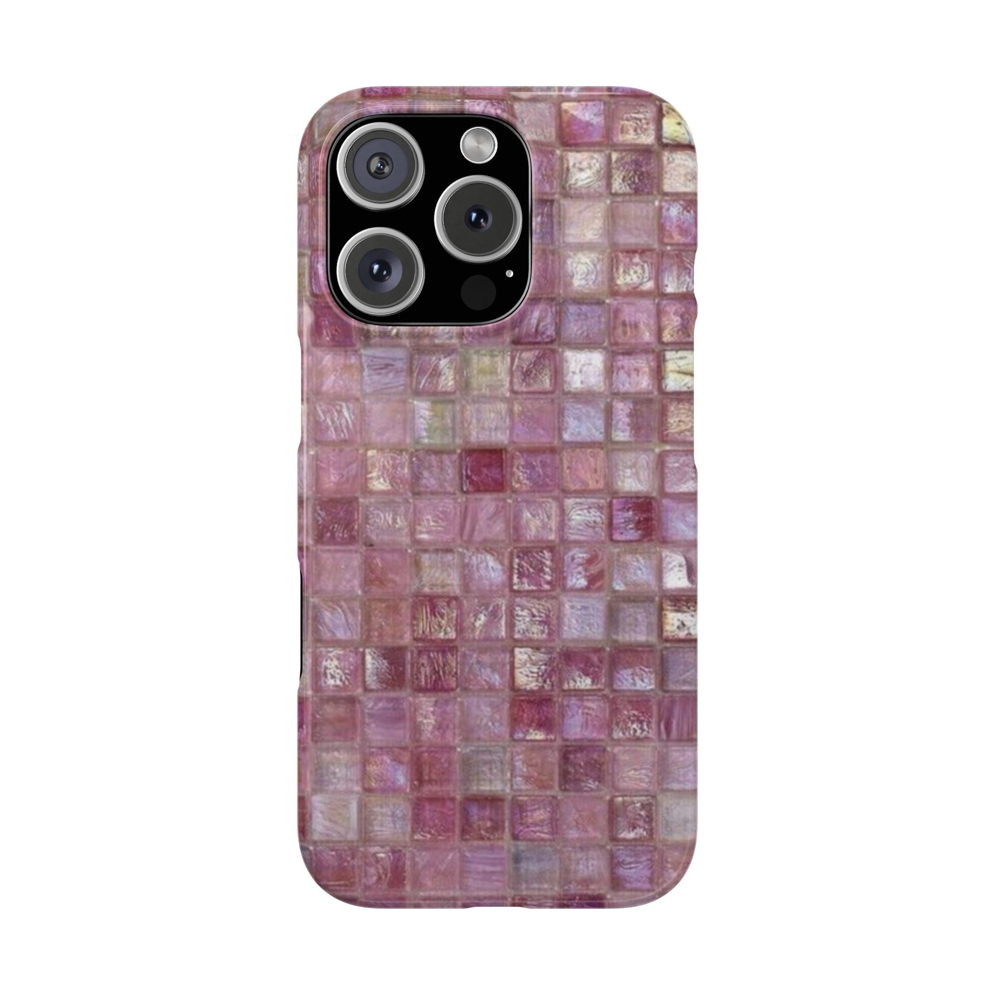 Rose Pink Mosaic Slim Phone Case, Iridescent Glass Pattern Design, High-Definition Textured Elegance, Soft Gold Accent Cover