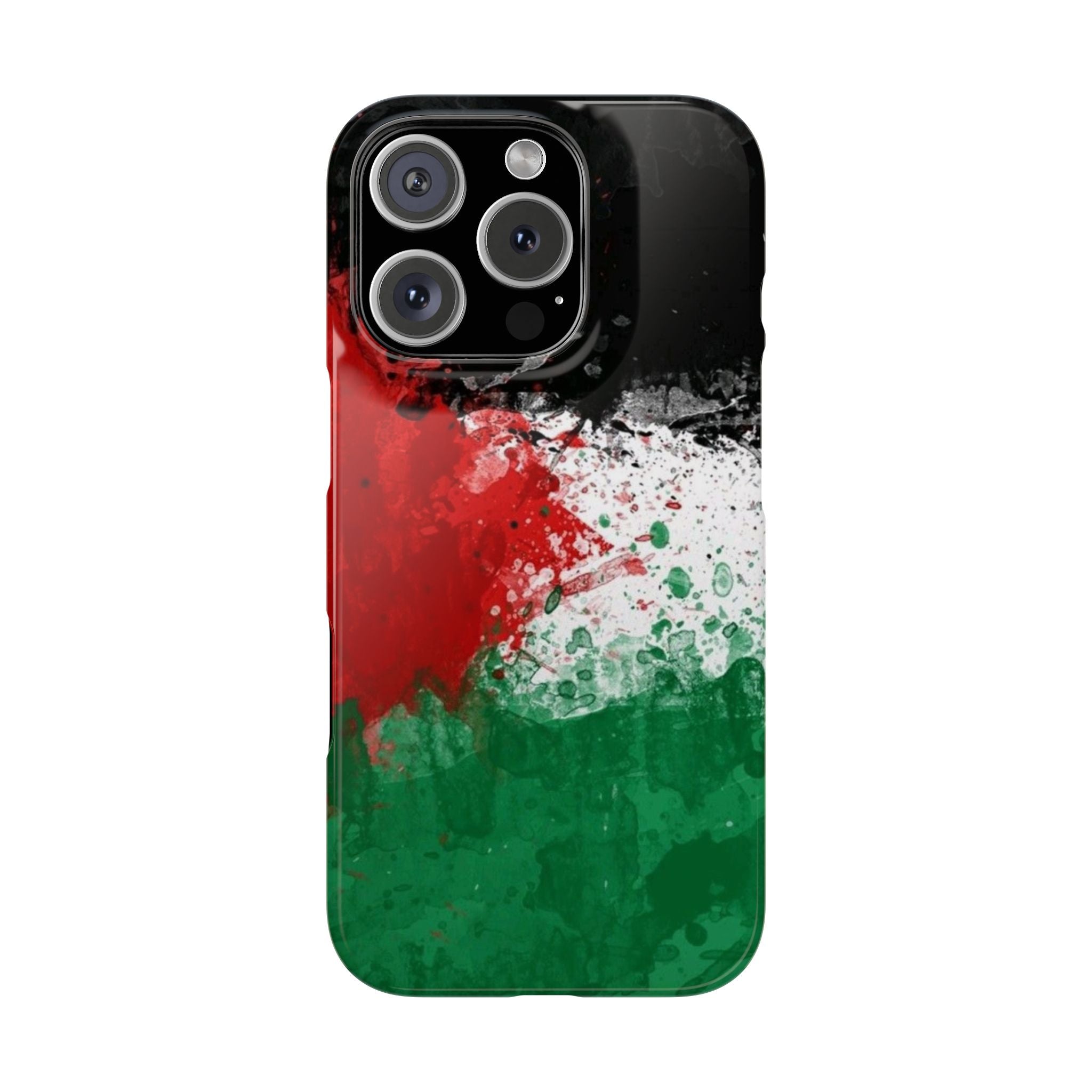 Phone Case, Palestine Flag Splatter Paint Design, Black Background, Red White Green Color Scheme, Gift for Palestinian, Customizable Cover,
