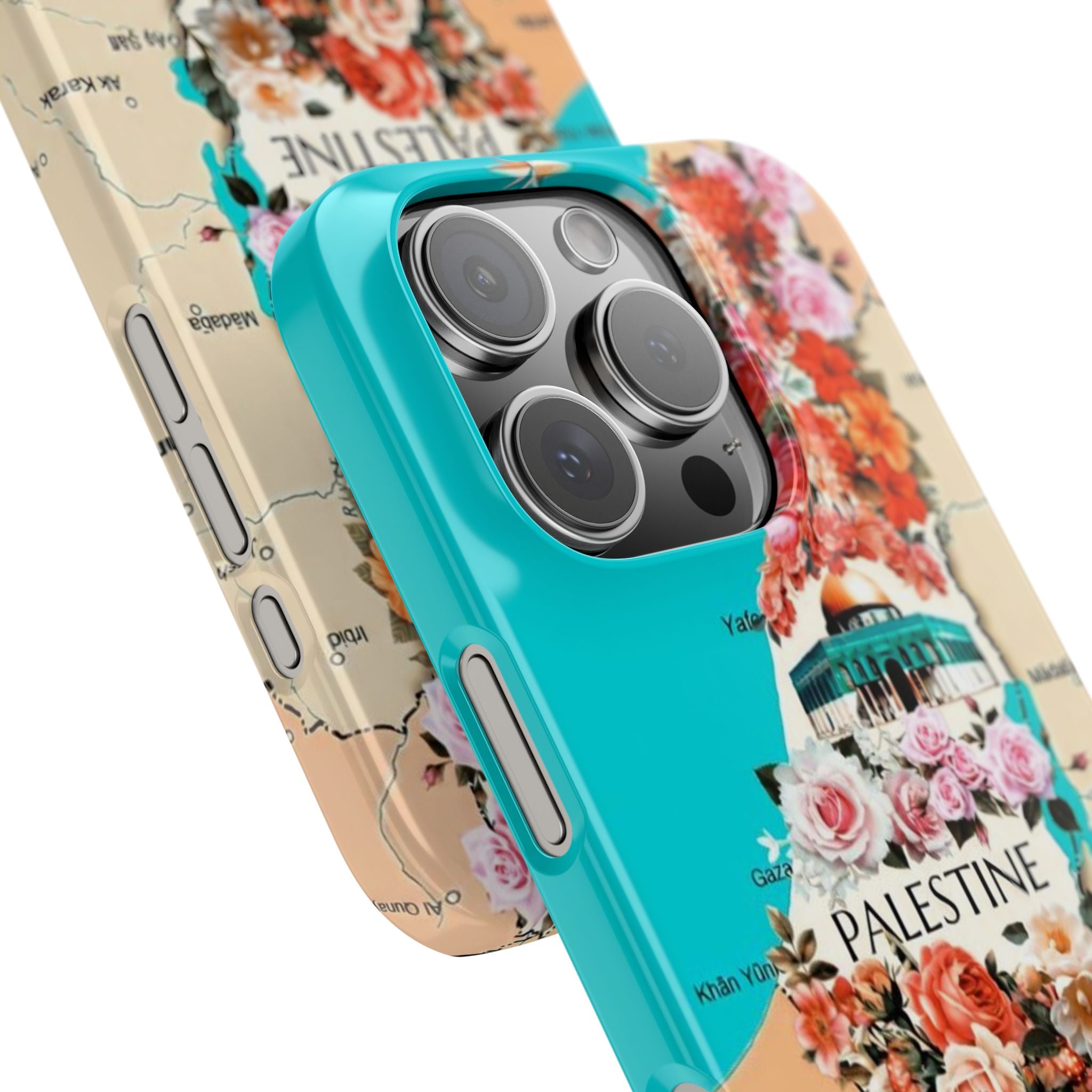 Slim Phone Cases - Floral Palestine Map, Palestinian Flowers Design, Roses Tulips Quds, Historical Contemporary Identity, City Name, Vibrant