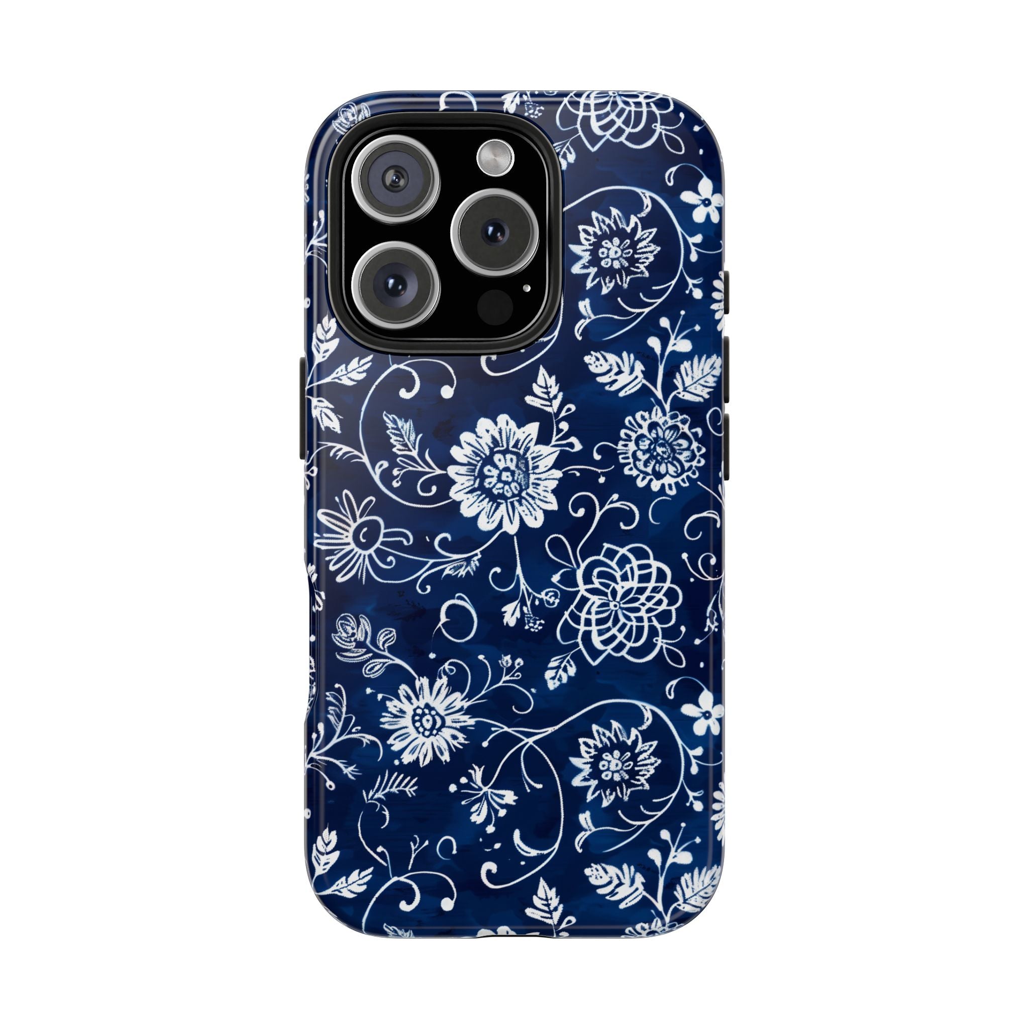 Phone Cases - White Ink Stamp Pattern with White Flowers on Blue Background