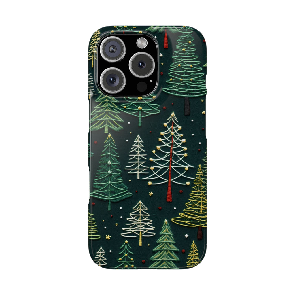 The "New Year Embroidery Bliss" 3 slim iPhone case with embroided Christmas Trees, Enchanting Holidays, iPhone cover