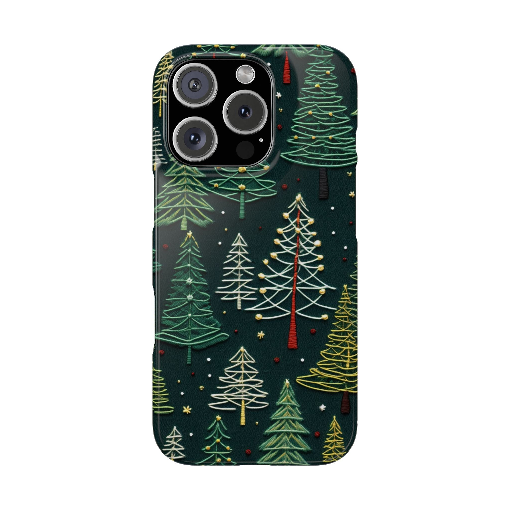The "New Year Embroidery Bliss" 3 slim iPhone case with embroided Christmas Trees, Enchanting Holidays, iPhone cover