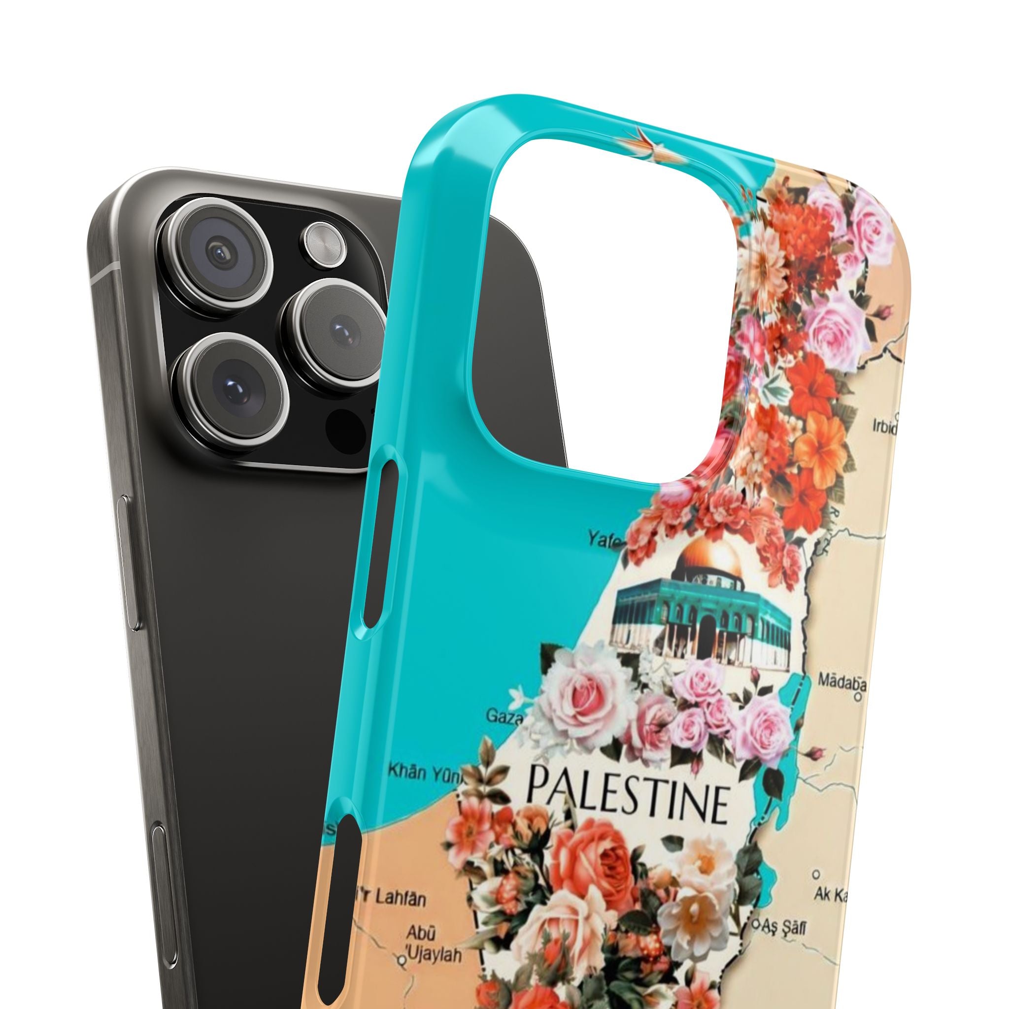 Slim Phone Cases - Floral Palestine Map, Palestinian Flowers Design, Roses Tulips Quds, Historical Contemporary Identity, City Name, Vibrant