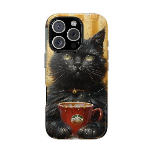 A Black Cat drinking coffee Phone Cover Tough Case, iPhone and Samsung