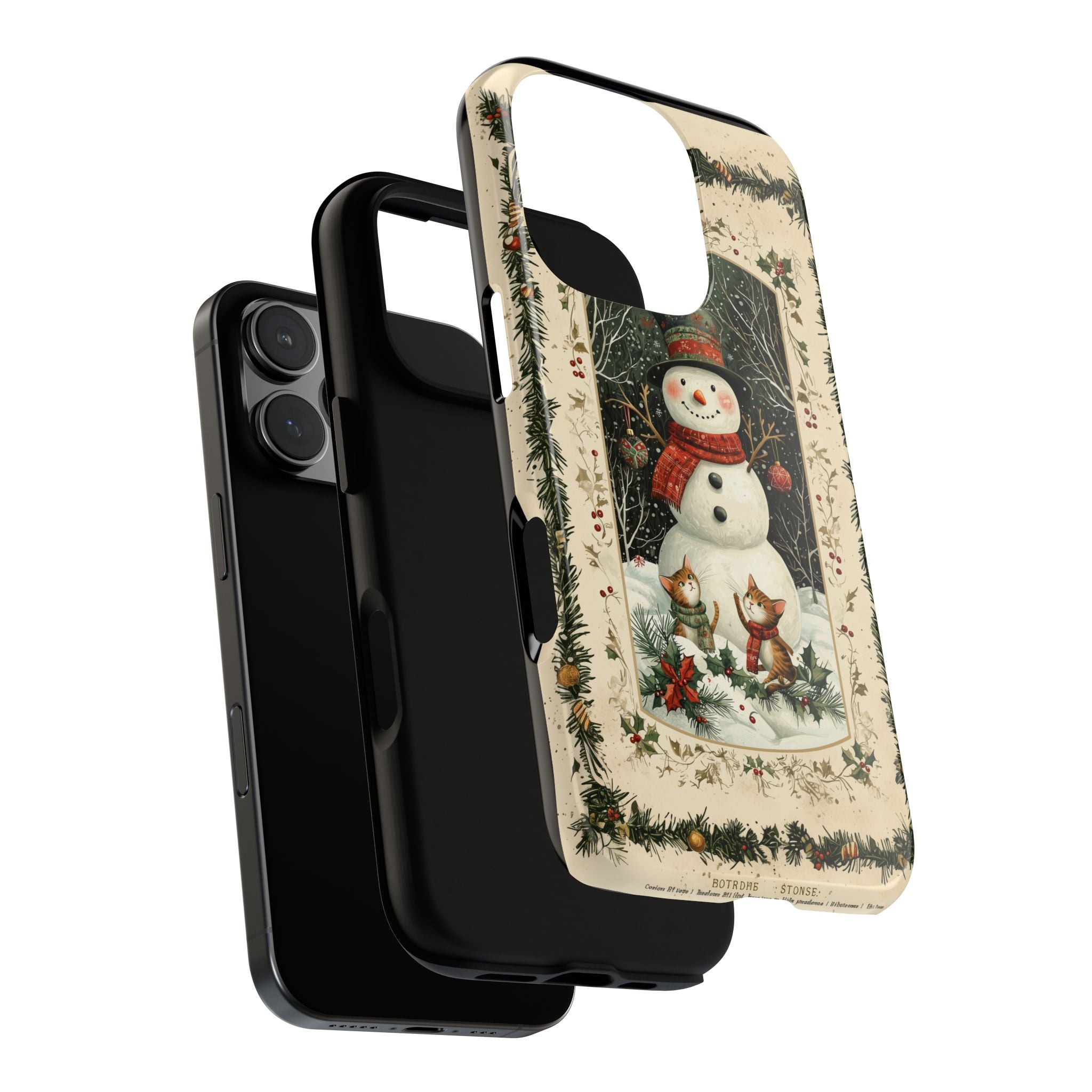 A Vintage Snowman with 2 kittens, Tough Phone Case, iPhone 16, Samsung Galaxy, and Google Pixel