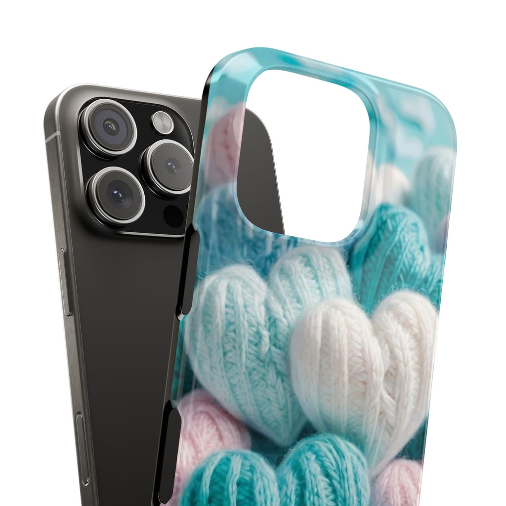 Pastel Knitted Hearts Slim Phone Case, Soft Blue Background with Pink and Turquoise Accents, Cozy and Cute Design