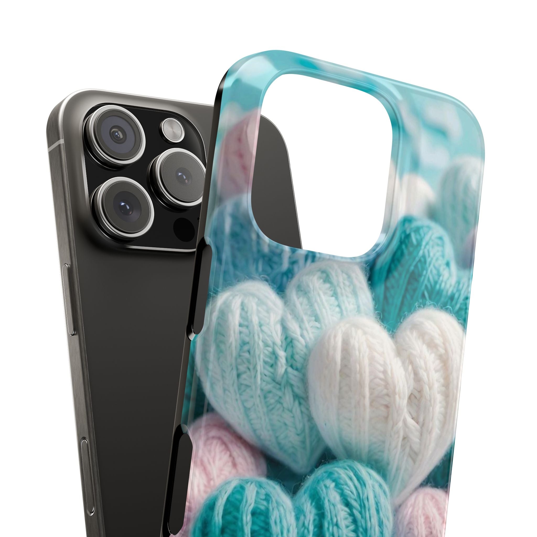 Pastel Knitted Hearts Slim Phone Case, Soft Blue Background with Pink and Turquoise Accents, Cozy and Cute Design