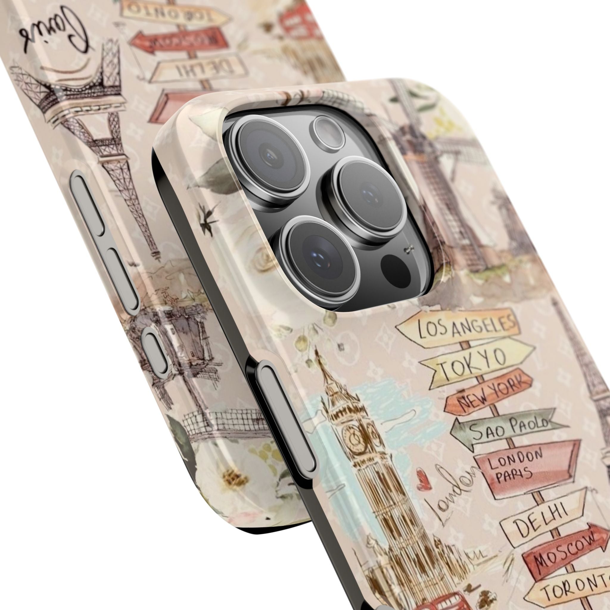 Watercolor Landmarks Slim Phone Cases, Paris London Tower Bridge Big Ben, Bright Pink Pastel Roses Louis Vuitton Print, Travel Gift, World