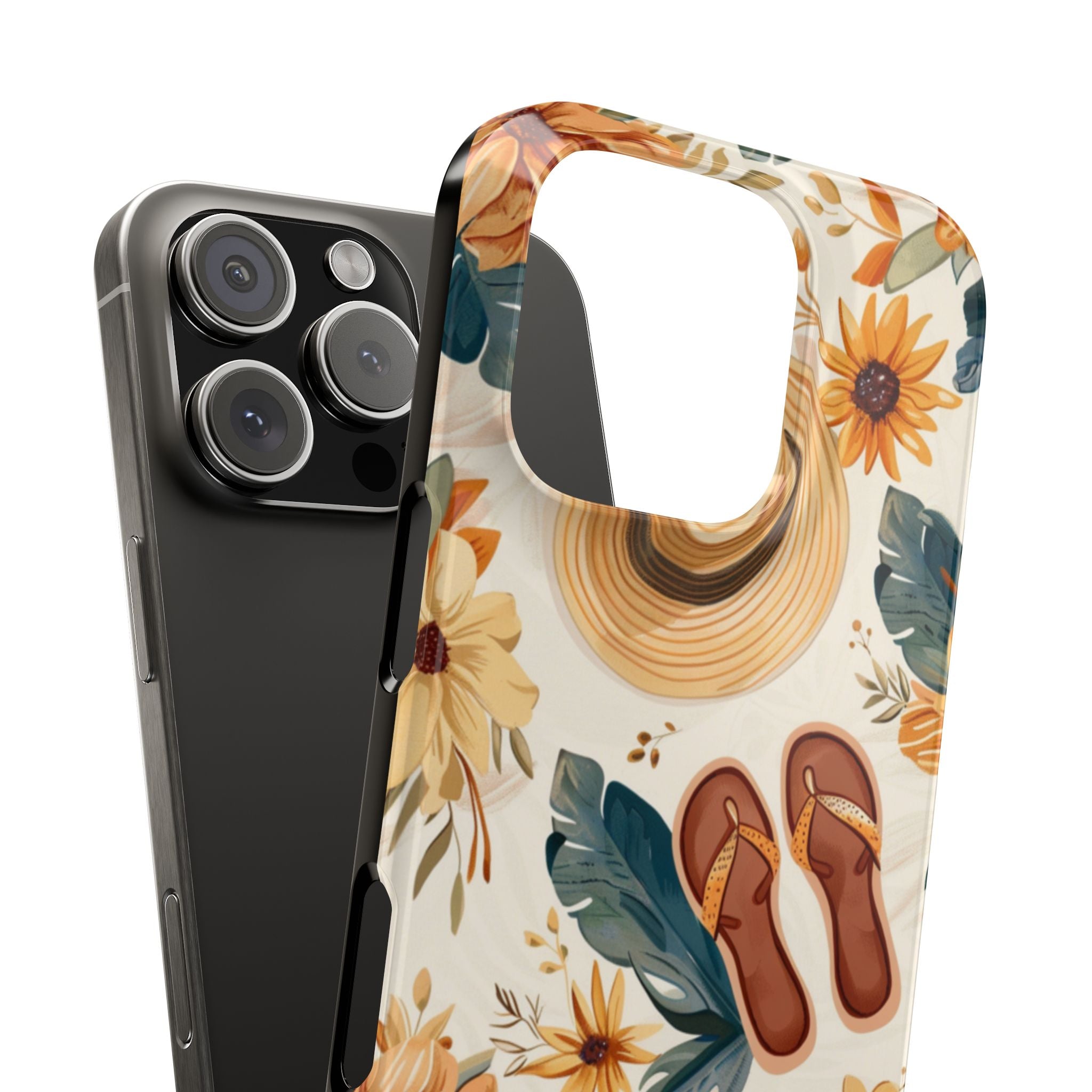 Slim Phone Cases, Watercolor Sunflowers Floral Pattern, Beach Hat, Flip-Flops, Minimalist Design, Digital Art, Phone Accessories