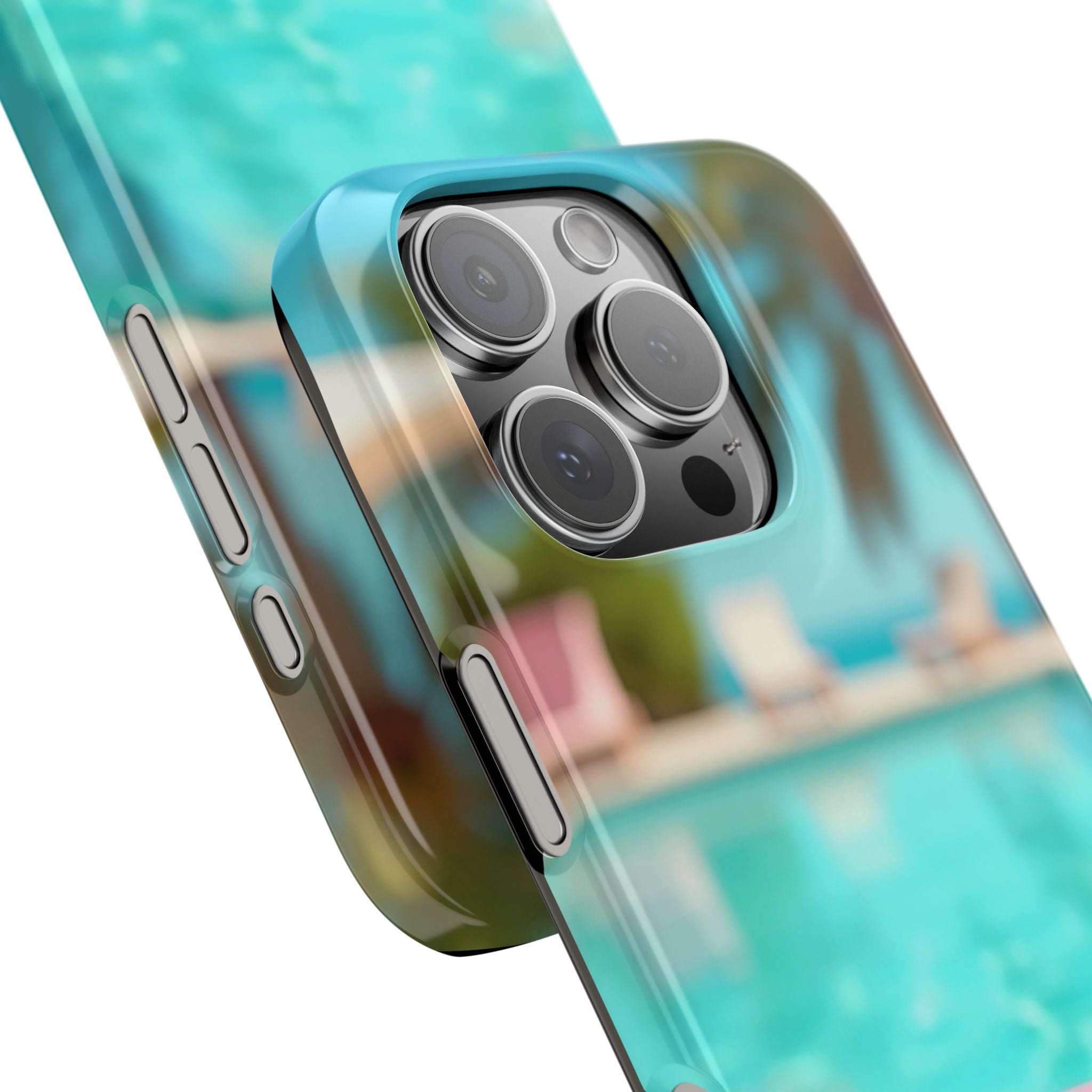 Slim Phone Cases - Tropical Pink Ring Floating on Water, Summer Vibes, Pastel Colors, Beach Chairs, Palm Trees, Blue Sky, Depth Blur Effect,