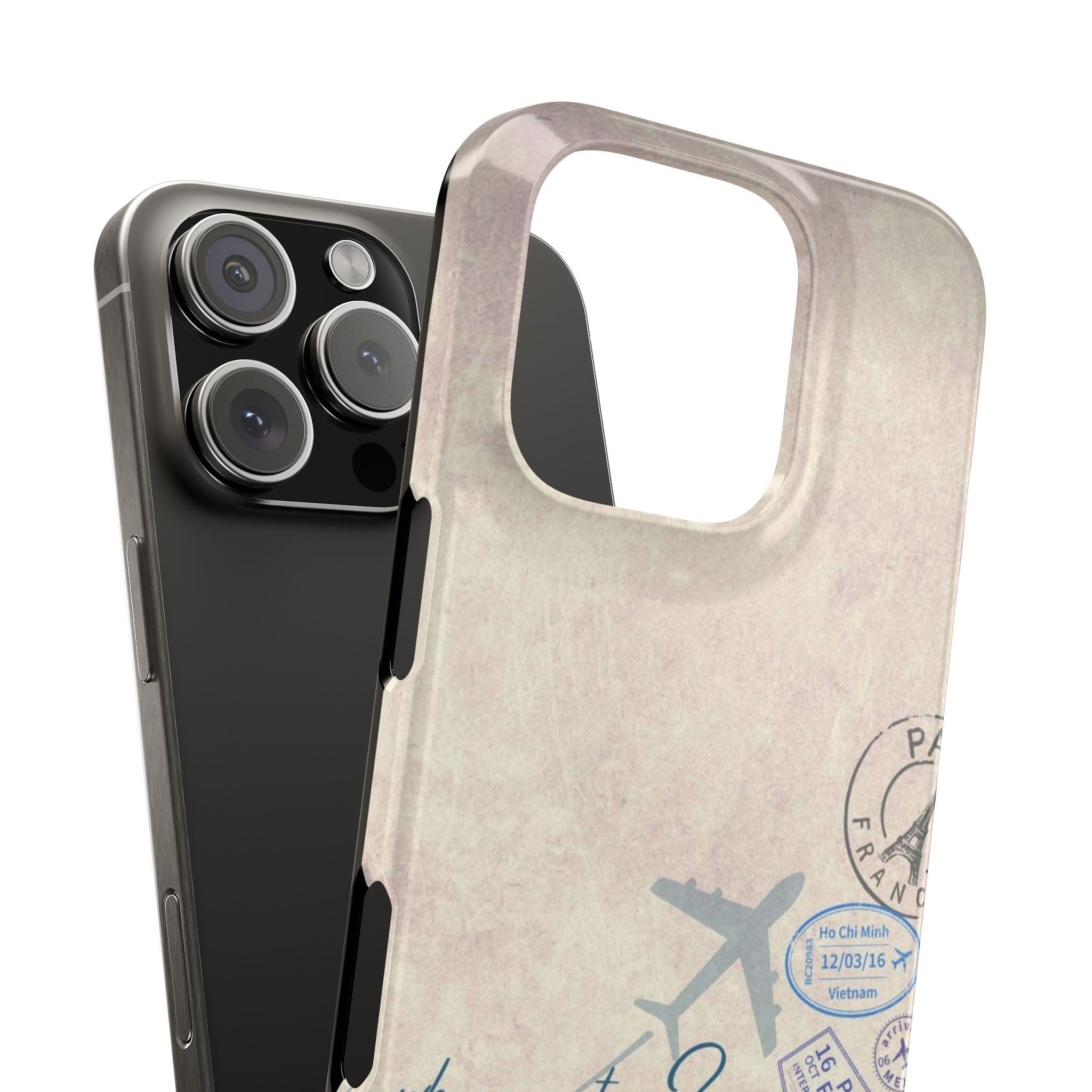 Vintage Travel Airplane Slim Phone Case, Minimalistic Pastel Colors, Paris Berlin Stamps, Travel Notebook Design, Light Background