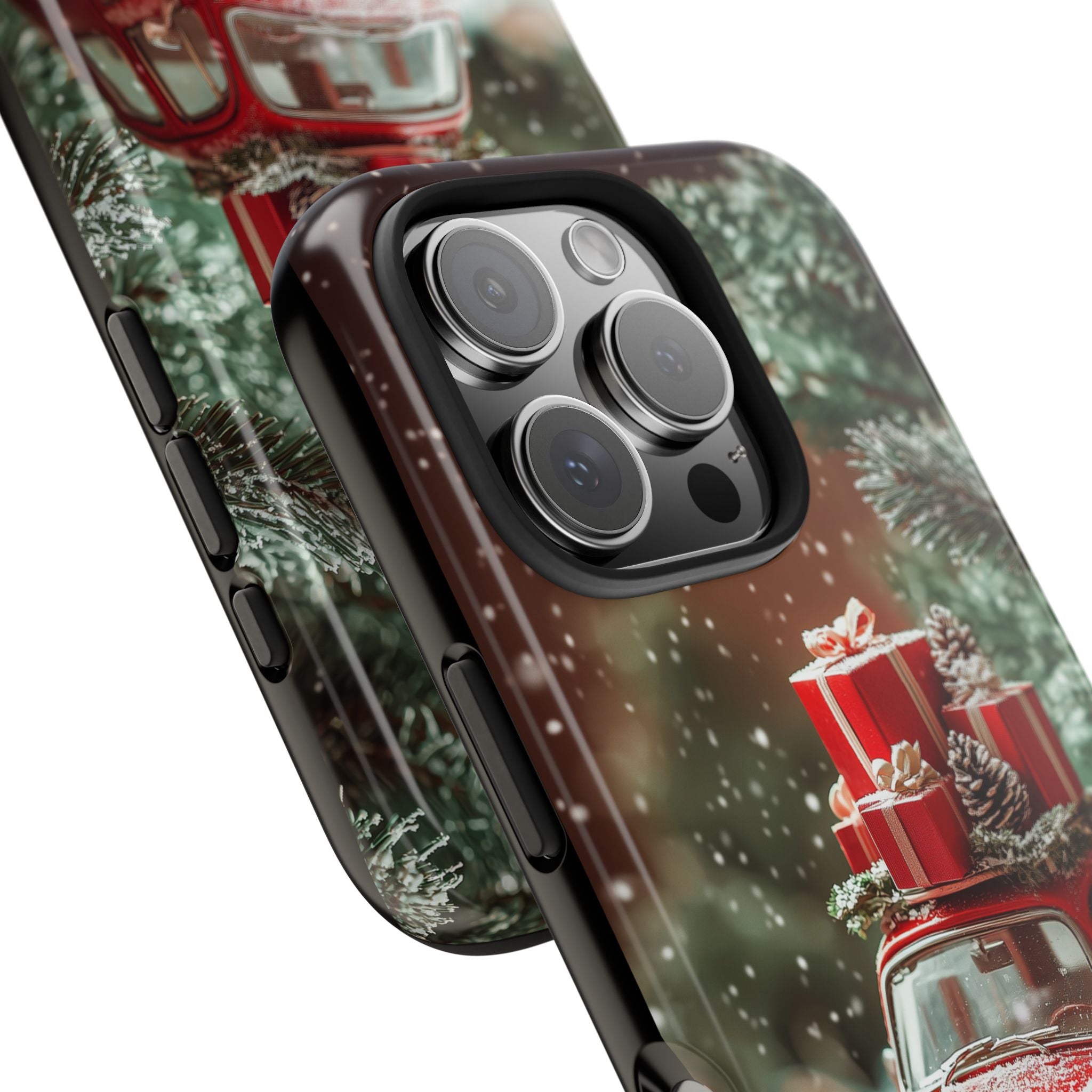 Phone Case - Vintage Christmas Car with Presents and Snow, Holiday Phone Cover, Christmas Tree, Red Car, Christmas Lights, Winter Decoration