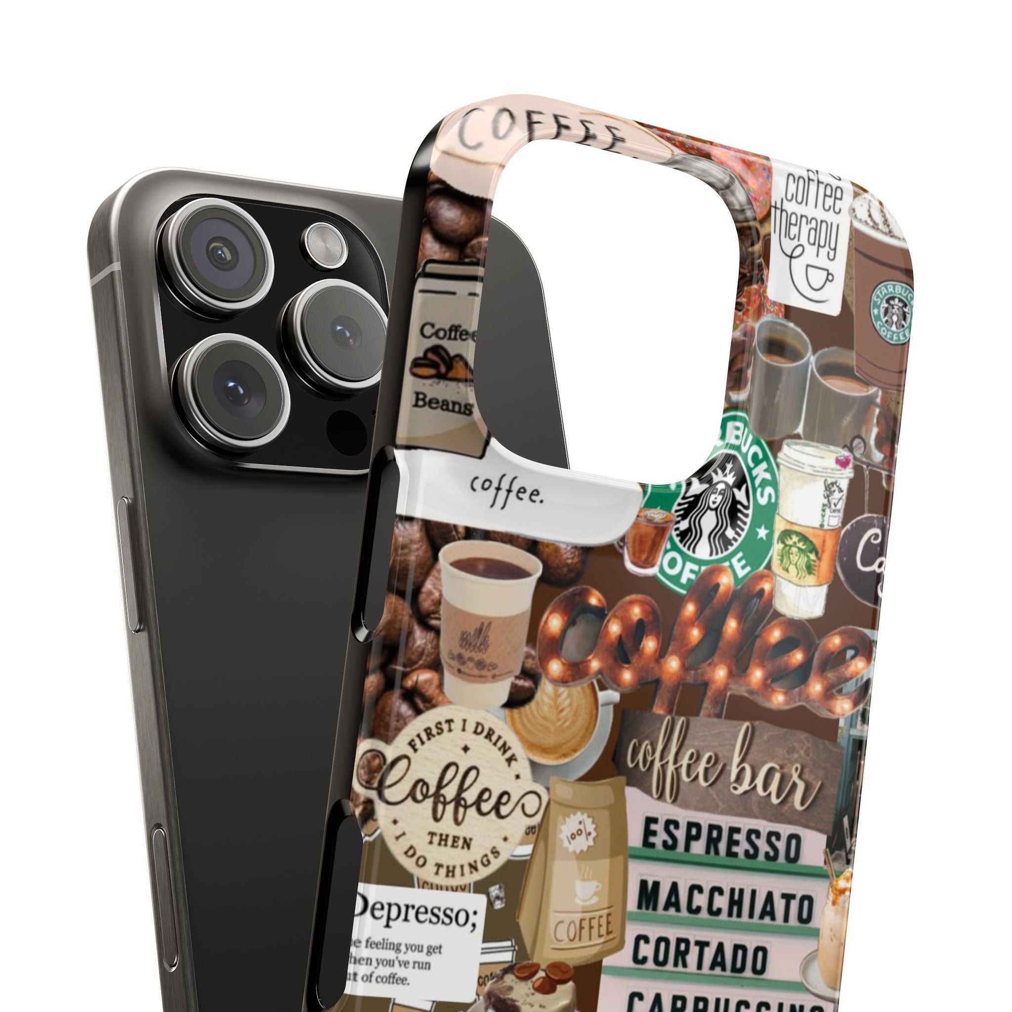 Coffee Bar Collage Slim Phone Case, Espresso & Latte Icons, Brown Tones with Sticker Style Graphics, High-Definition Design