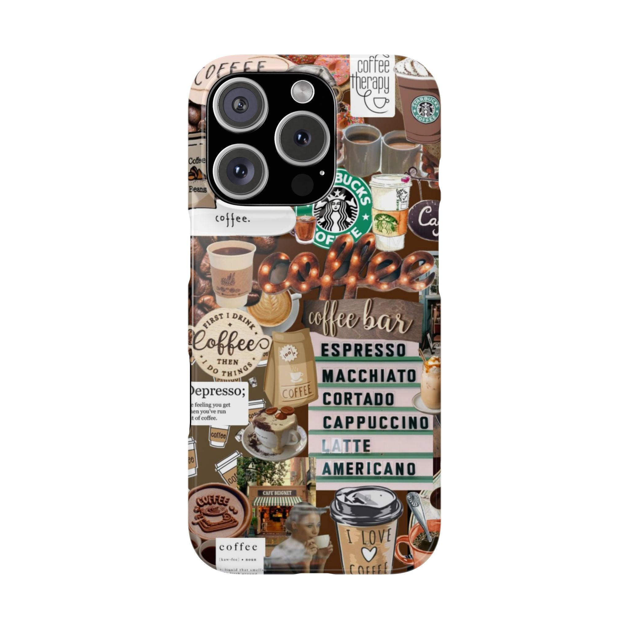Coffee Bar Collage Slim Phone Case, Espresso & Latte Icons, Brown Tones with Sticker Style Graphics, High-Definition Design