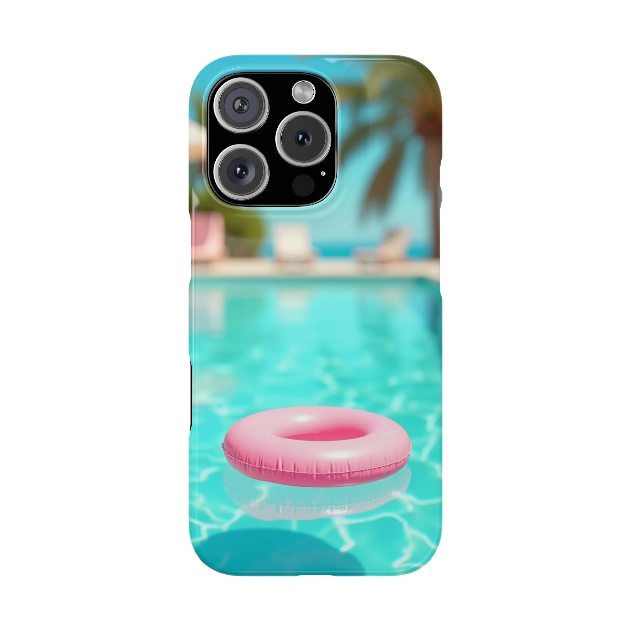 Slim Phone Cases - Tropical Pink Ring Floating on Water, Summer Vibes, Pastel Colors, Beach Chairs, Palm Trees, Blue Sky, Depth Blur Effect,
