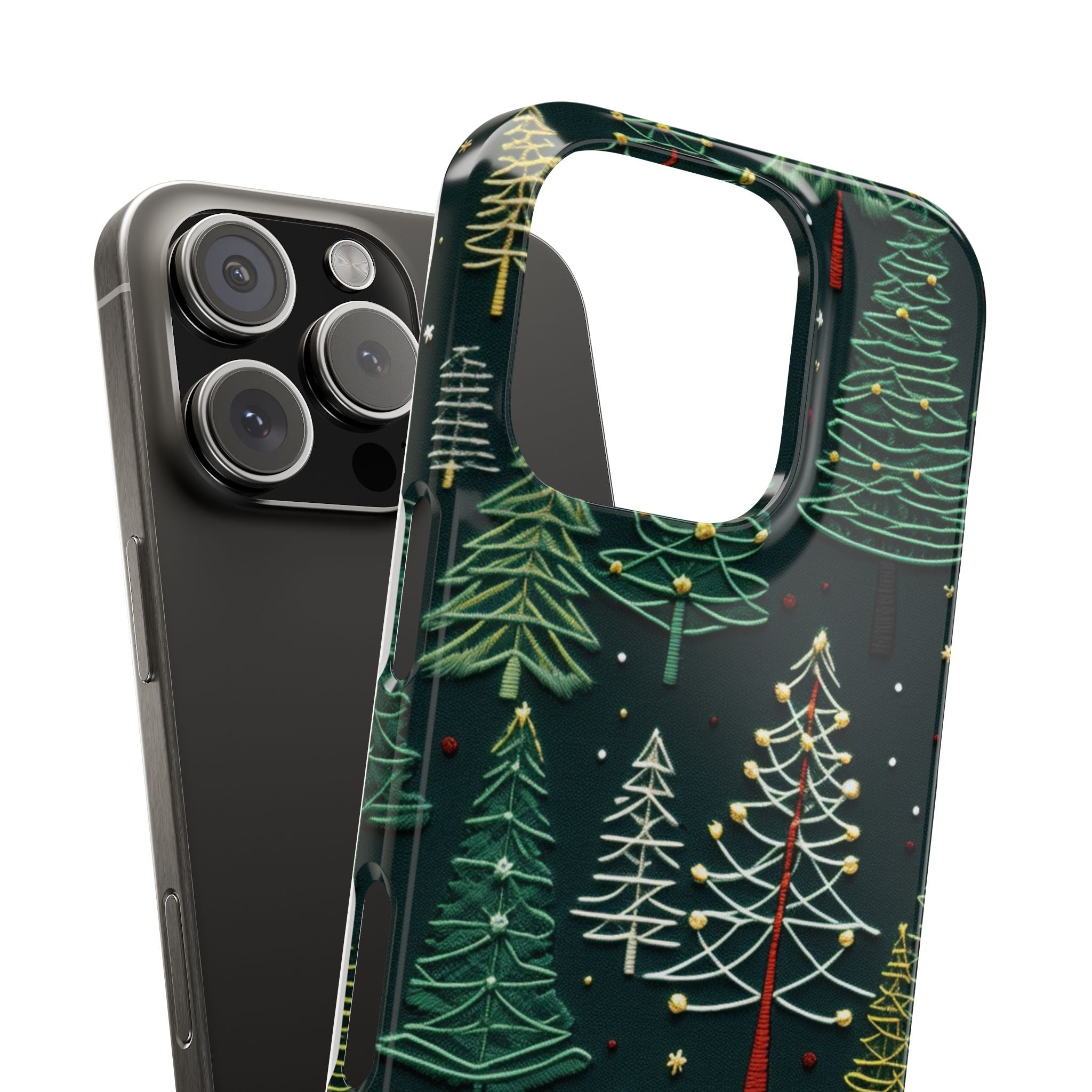 The "New Year Embroidery Bliss" 3 slim iPhone case with embroided Christmas Trees, Enchanting Holidays, iPhone cover