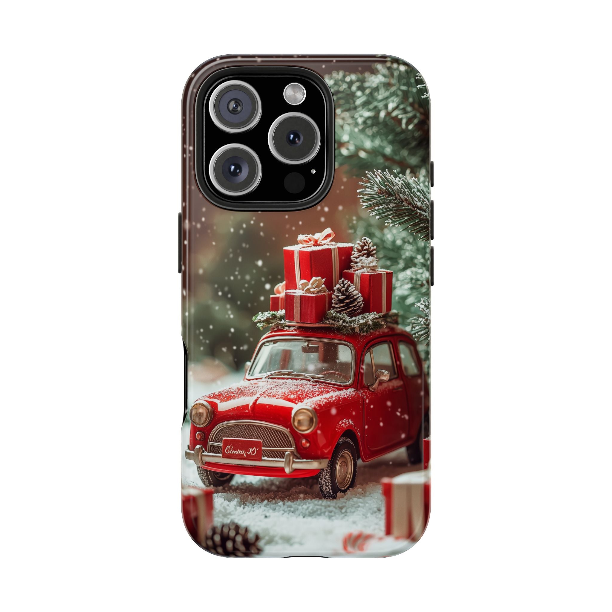 Phone Case - Vintage Christmas Car with Presents and Snow, Holiday Phone Cover, Christmas Tree, Red Car, Christmas Lights, Winter Decoration