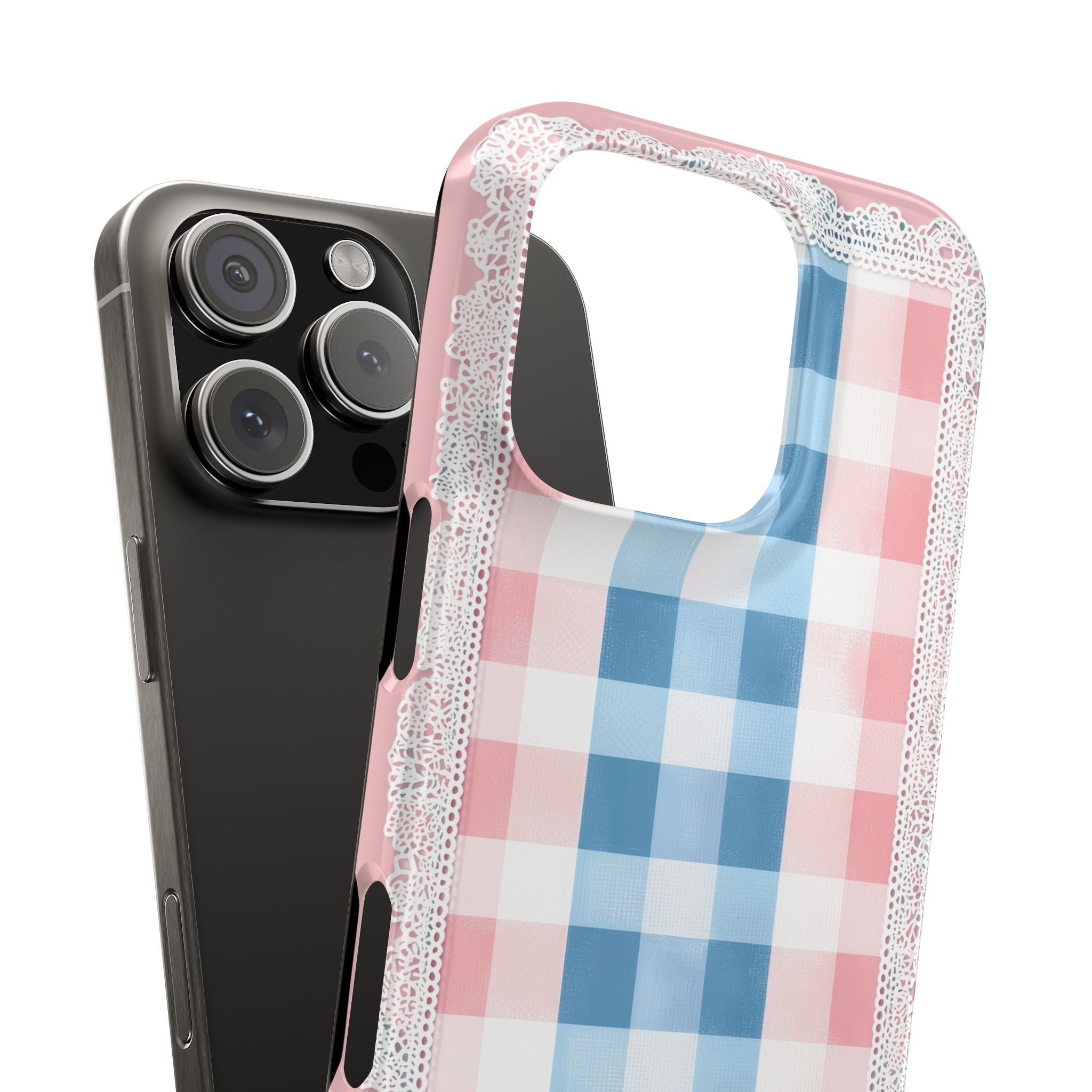 Slim Phone Cases with Blue Gingham and Lace Seamless Pattern, Classic Inspired Design, Pastel Hues, Denim Blue